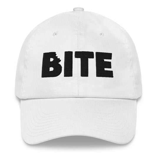 White hat with black lettering that says Bite